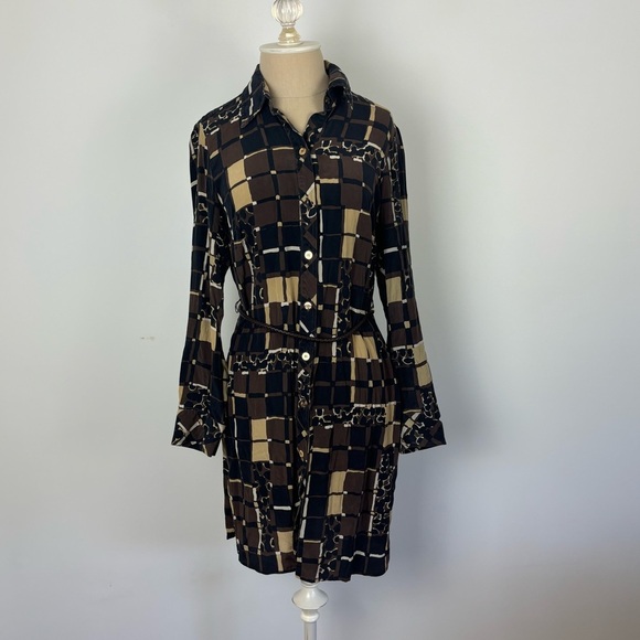 Trina Turk Button Up Dress Brown Geometric Belt 100% Silk S - Picture 1 of 9